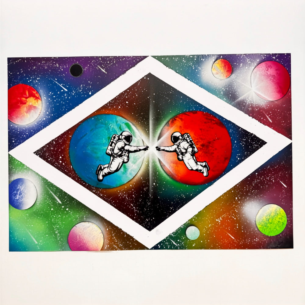 Original spray painting featuring two astronauts and colorful planets