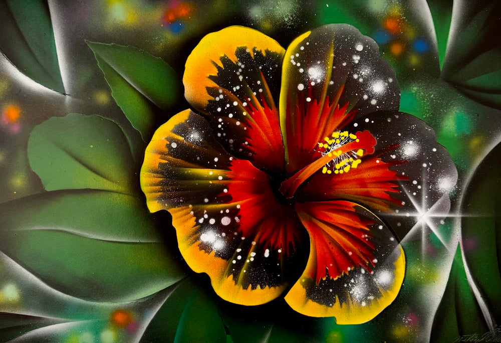 Original spray paint hibiscus artwork by Matthew Mandala